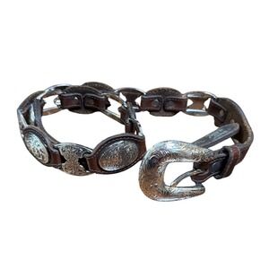 Tony Lama 1996 Western Concho Belt Silver Engraved Buckle Brown Leather Size 32